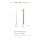 925 Silver Diamond Zircon Chain Earrings With Pearl Charm