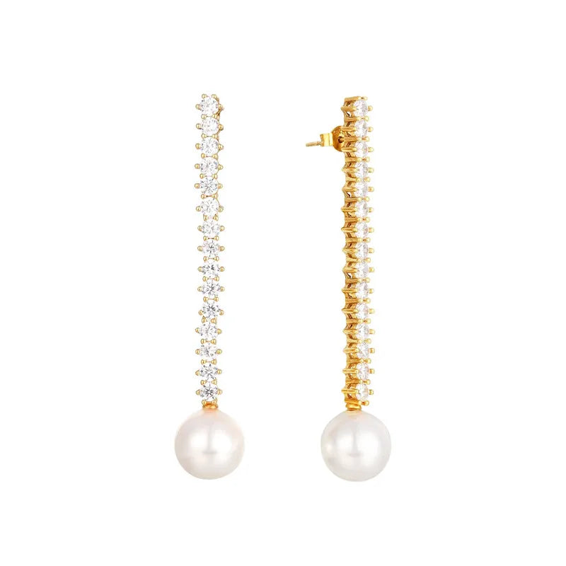 925 Silver Diamond Zircon Chain Earrings With Pearl Charm
