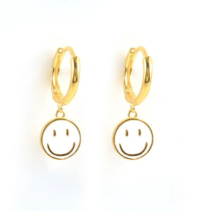 925 Silver Smile Face Hoop Earrings Enamel Charm Circle Jewelry