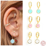 925 Silver Smile Face Hoop Earrings Enamel Charm Circle Jewelry