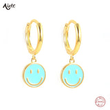 925 Silver Smile Face Hoop Earrings Enamel Charm Circle Jewelry