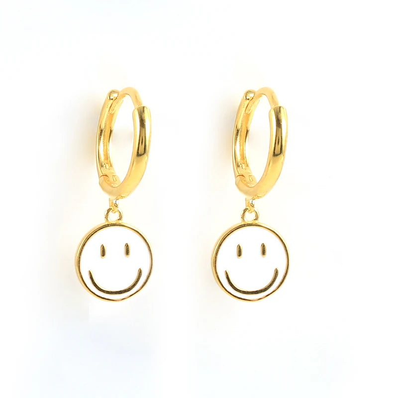 925 Silver Smile Face Hoop Earrings Enamel Charm Circle Jewelry