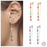 925 Silver Oval Zircon CZ Dangle Earrings Long Line Crystal Piercing