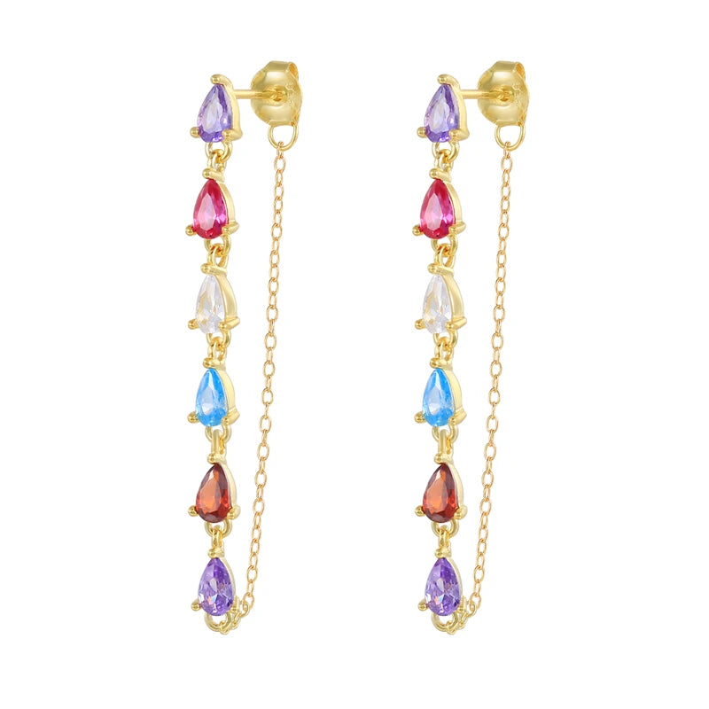 925 Silver Oval Zircon CZ Dangle Earrings Long Line Crystal Piercing
