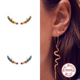 925 Silver Flower Rattan Stud Earrings Rainbow Zircon Ear Climber