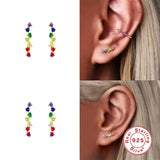 925 Silver Flower Rattan Stud Earrings Rainbow Zircon Ear Climber