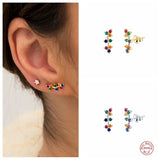 925 Silver Flower Rattan Stud Earrings Rainbow Zircon Ear Climber