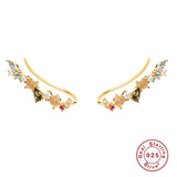 925 Silver Flower Rattan Stud Earrings Rainbow Zircon Ear Climber