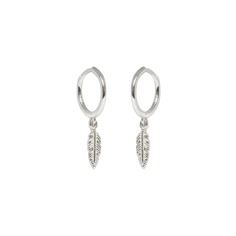 925 Silver Hoop Earrings Feather Pendant Circle Party Jewelry