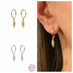 925 Silver Hoop Earrings Feather Pendant Circle Party Jewelry
