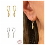 925 Silver Hoop Earrings Feather Pendant Circle Party Jewelry