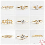 925 Silver Round Zircon Crystal Ring Women Cubic Zirconia Leaf Loop Ring
