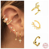 925 Silver Zircon Ear Cuff Star Moon Clip Earrings