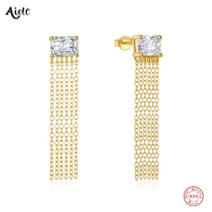 925 Silver Chain Tassel Dangle Earrings CZ Zircon Yellow Gift