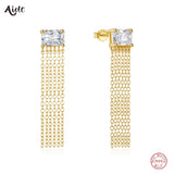 925 Silver Chain Tassel Dangle Earrings CZ Zircon Yellow Gift