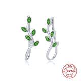 925 Silver Green Leaf Branch Earrings Clear Zircon Star Studs
