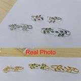 925 Silver Green Leaf Branch Earrings Clear Zircon Star Studs