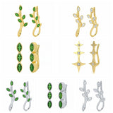 925 Silver Green Leaf Branch Earrings Clear Zircon Star Studs