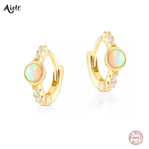925 Silver Green Opal CZ Zircon Huggie Earrings 9mm Circle Hoops