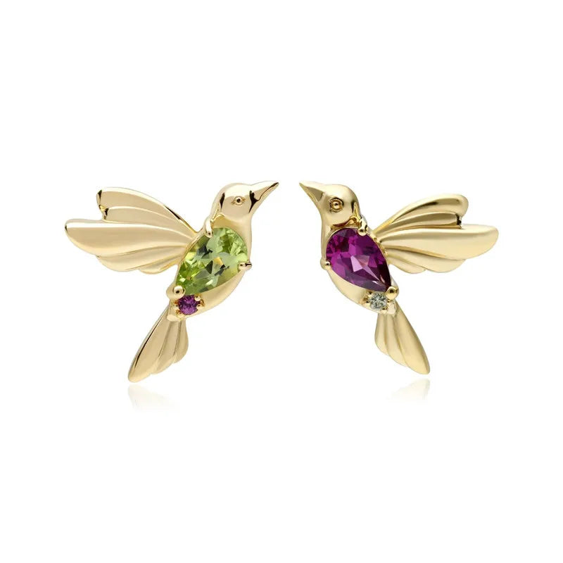 925 Silver Bird Stud Earrings Green Purple CZ 18K Plated Vintage Mismatched