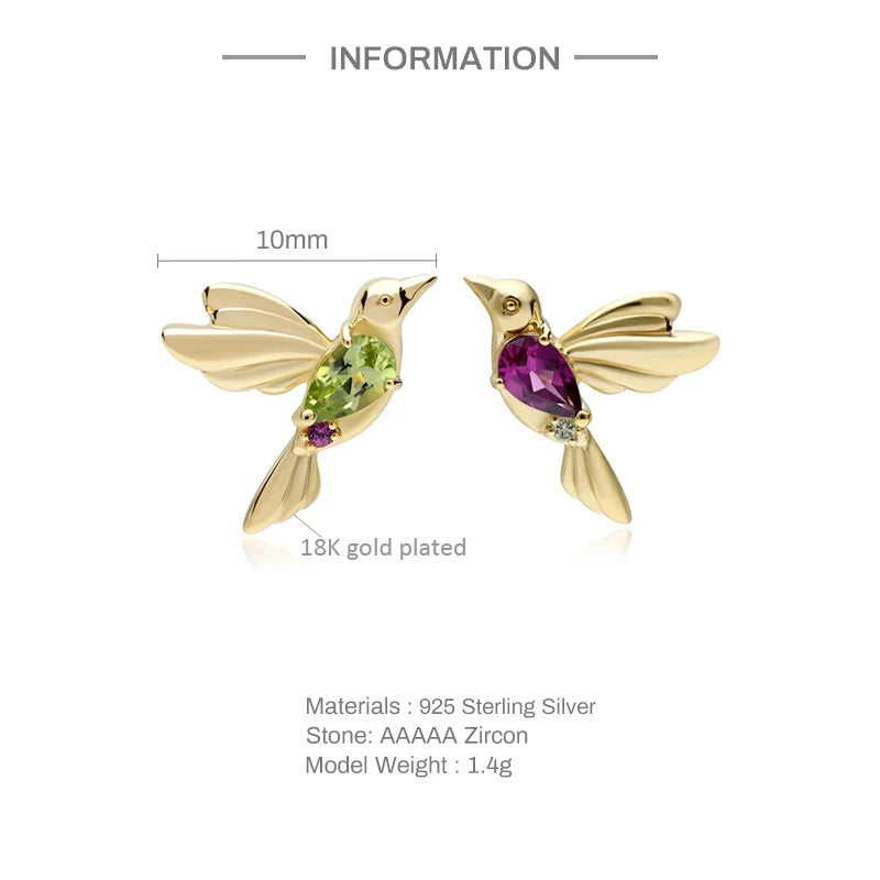 925 Silver Bird Stud Earrings Green Purple CZ 18K Plated Vintage Mismatched
