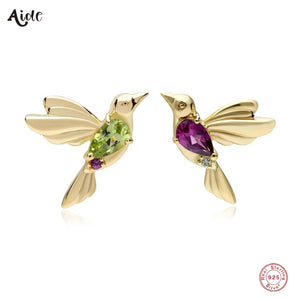 925 Silver Bird Stud Earrings Green Purple CZ 18K Plated Vintage Mismatched