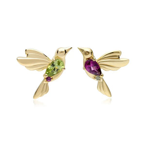 925 Silver Bird Stud Earrings Green Purple CZ 18K Plated Vintage Mismatched