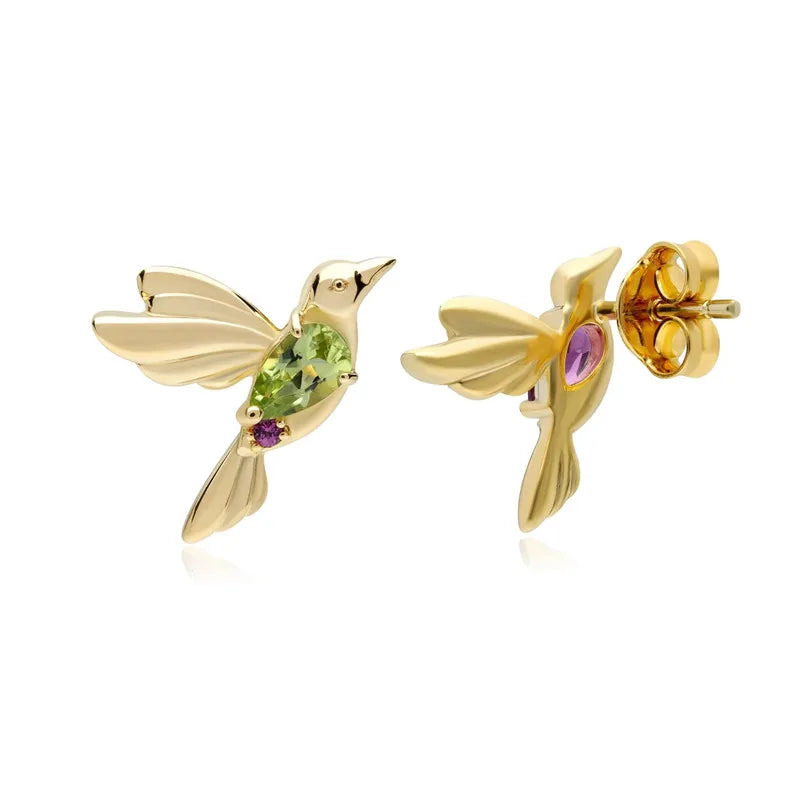 925 Silver Bird Stud Earrings Green Purple CZ 18K Plated Vintage Mismatched