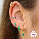 925 Silver Green Rhinestone Hoop Earrings Heart Pendant Charm Ci