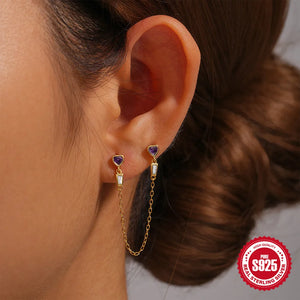 925 Silver Heart Zircon Tassels Chain Earrings Women Dangling Jewelry