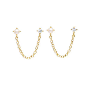 925 Silver Pearl Zircon Studs Double Chain Tassel Earrings