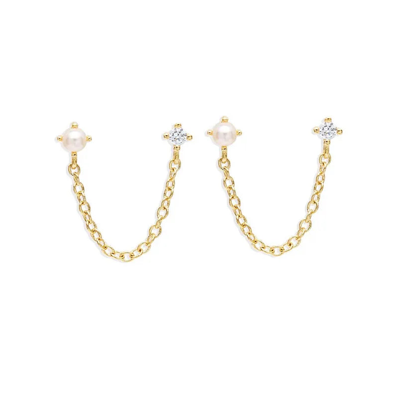 925 Silver Pearl Zircon Studs Double Chain Tassel Earrings
