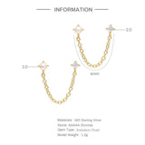 925 Silver Pearl Zircon Studs Double Chain Tassel Earrings