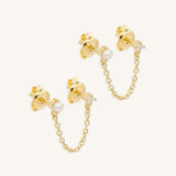 925 Silver Pearl Zircon Studs Double Chain Tassel Earrings