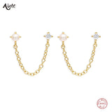 925 Silver Pearl Zircon Studs Double Chain Tassel Earrings