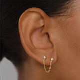 925 Silver Pearl Zircon Studs Double Chain Tassel Earrings