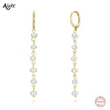 925 Silver Pearl Beads Charms Dangle Earrings Long Chain Drop