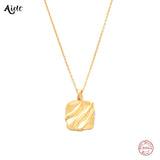 925 Silver Texture Square Disc Pendant Necklace Women Gift Retro Choker