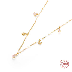 925 Silver Pink Water Drop Zircon Charms Necklace Crystal Star Pendant