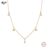 925 Sterling Silver Pink Water Drop Zircon Necklace Crystal Star Pendant