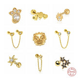 925 Silver Lion Head Spider Stud Earrings with Zircon Heart Flower Piercing