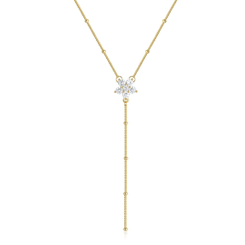 925 Silver Y Shape Zircon Flower Pendant Necklace for Women