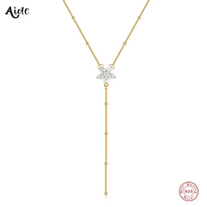 925 Silver Y Shape Zircon Flower Pendant Necklace for Women