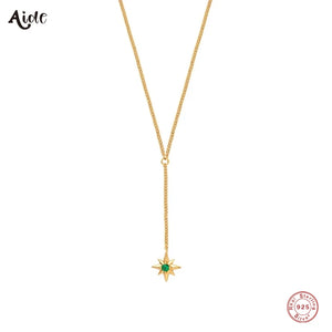 925 Silver Long Chain Green Zircon Star Pendant Necklace French Clavicle Choker