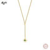 925 Silver Long Chain Green Zircon Star Pendant Necklace French Clavicle Choker