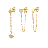 925 Silver Tassel Earrings Set Zircon Star Charm Front Back Cartilage 3PCs