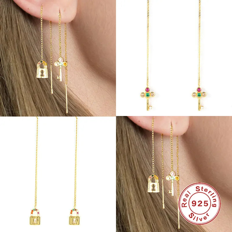 925 Silver Tassel Threader Earrings Zircon Snake Padlock Key Dangle Jewelry