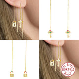 925 Silver Tassel Threader Earrings Zircon Snake Padlock Key Dangle Jewelry