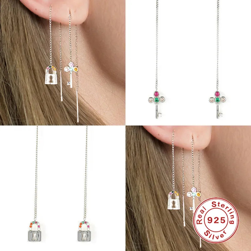 925 Silver Tassel Threader Earrings Zircon Snake Padlock Key Dangle Jewelry