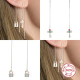 925 Silver Tassel Threader Earrings Zircon Snake Padlock Key Dangle Jewelry